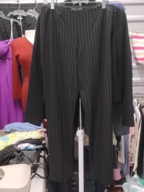 Thalian Black Pinstripe Petite Trousers with Purple Waistband Accent